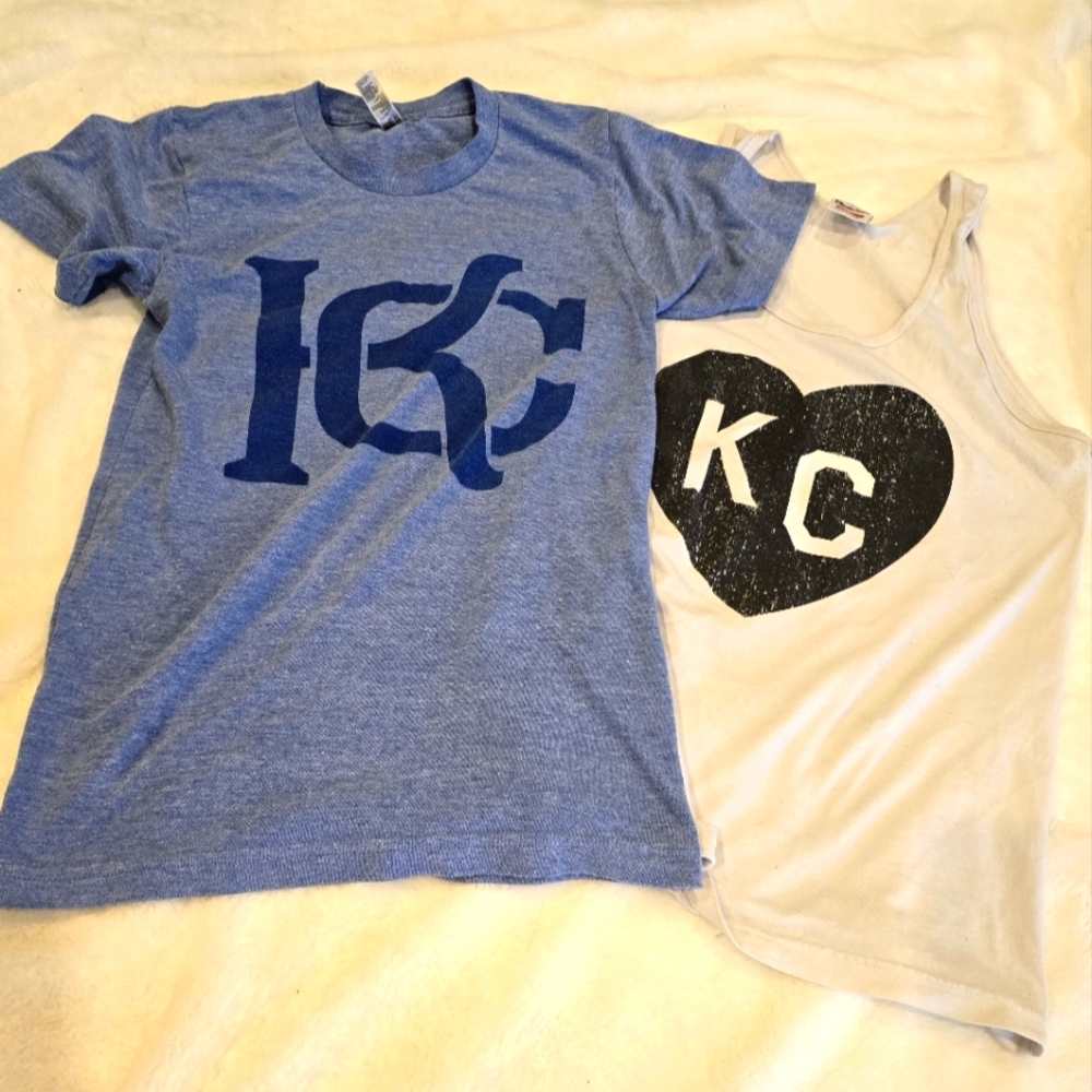 2 Womens Kansas City shirts, size XS X Small, white tank and blue t shirt